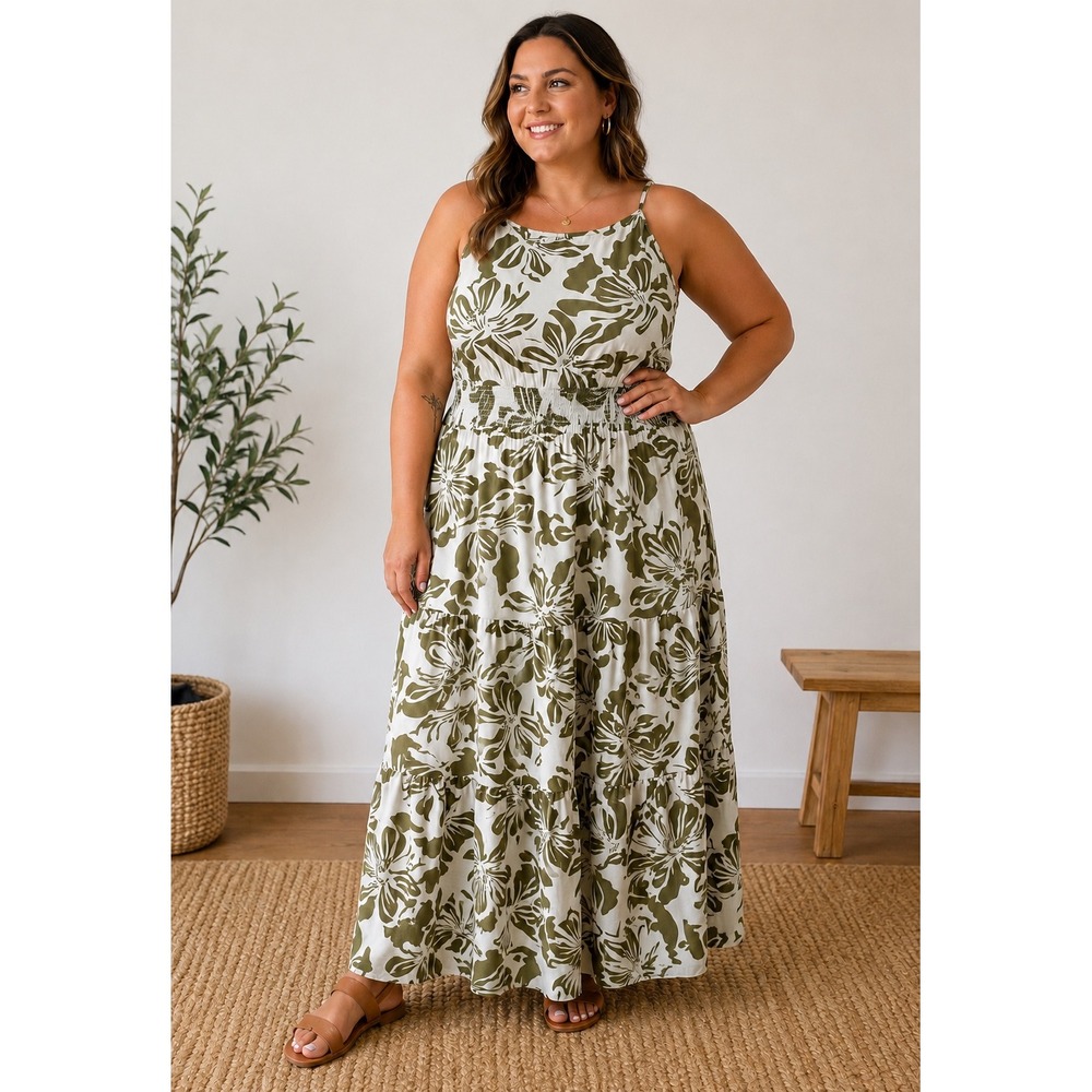 Market & Spruce XXL Olive Green Floral Halter Maxi Dress NWT Tiered Two Pockets